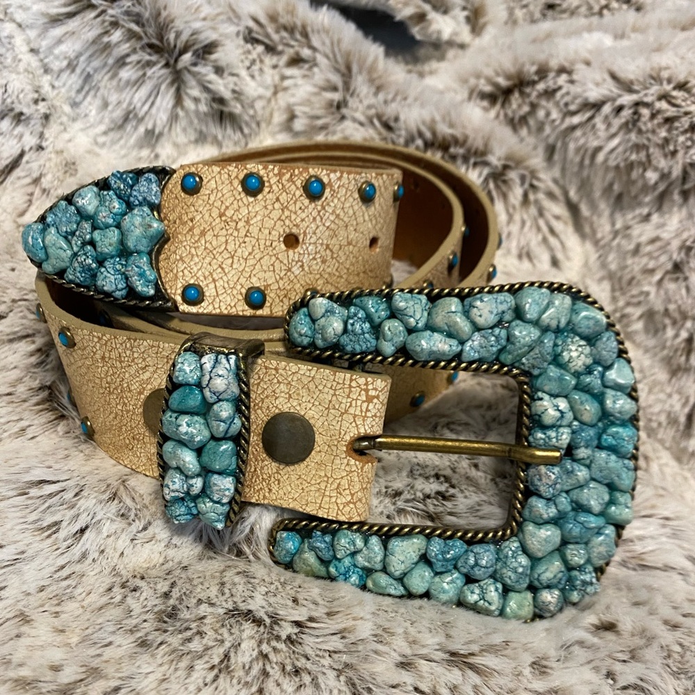 Turquoise-Embellished Beige Women's Belt